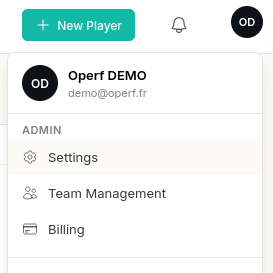 The user menu open, with the Settings entry in the Admin group