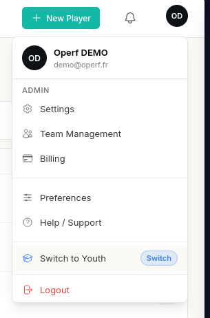 The user menu open, with the entry to switch to the other section