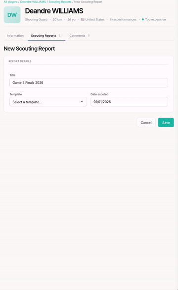 Creating a Report from the Player page: title, Template choice, rating the criteria then reading the published Report